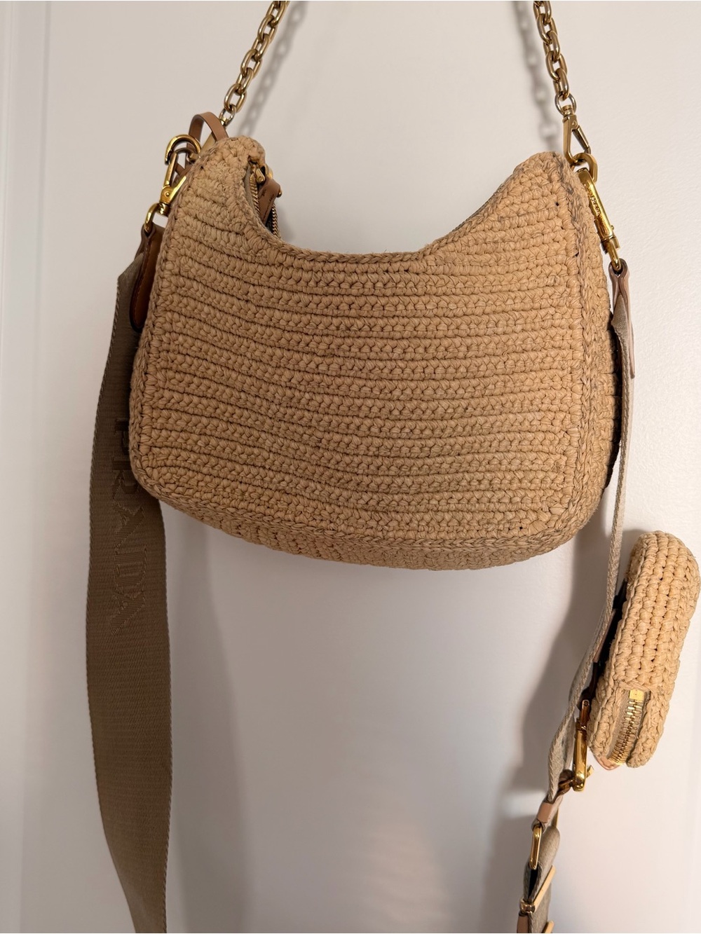 Prada Tan Crochet Shoulder Bag with Gold Chain Accent - Picture 7 of 9